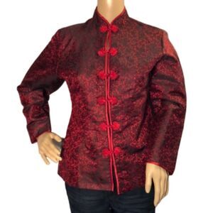 Shanghai Museum Red Black Pattern Asian Silk Lightweight Blazer/Jacket Medium